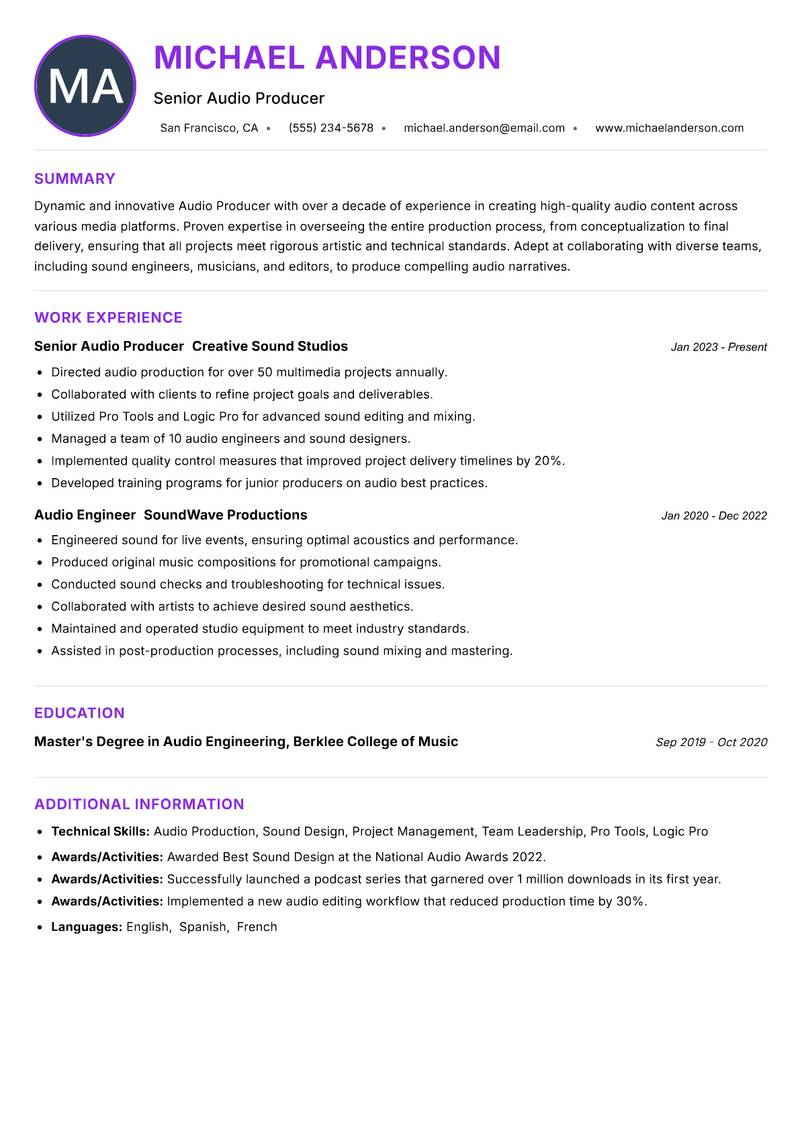 Audio Producer resume example — ATS-friendly template