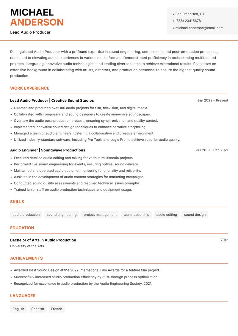 Audio Producer resume template — Modern Professional