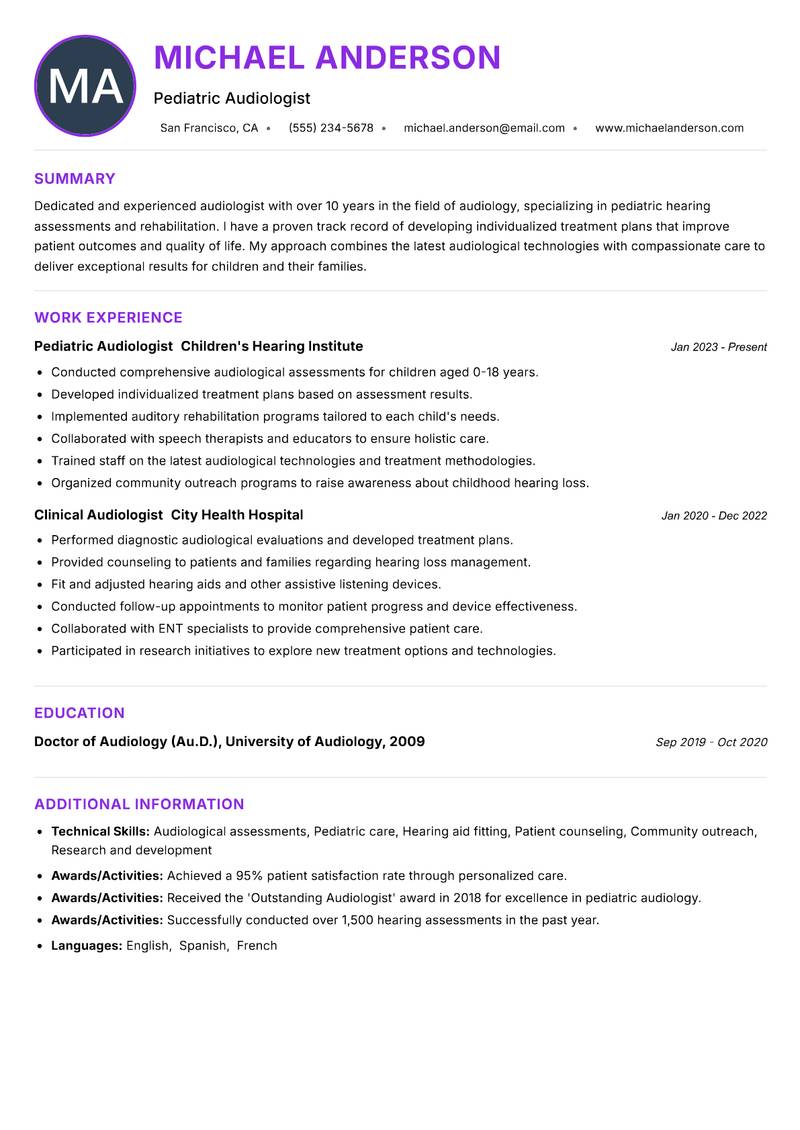 Audiologist resume example — ATS-friendly template