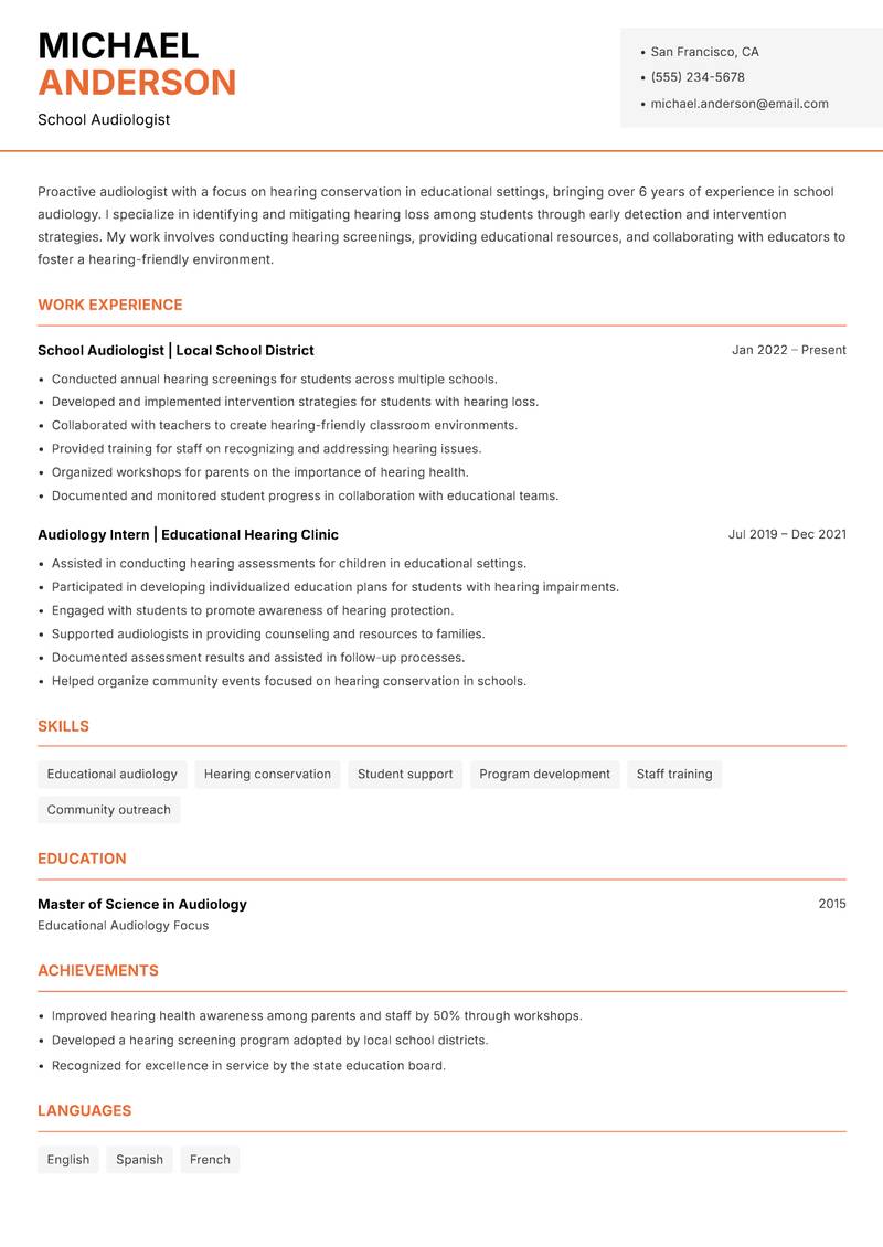 Audiologist resume template — Modern Professional
