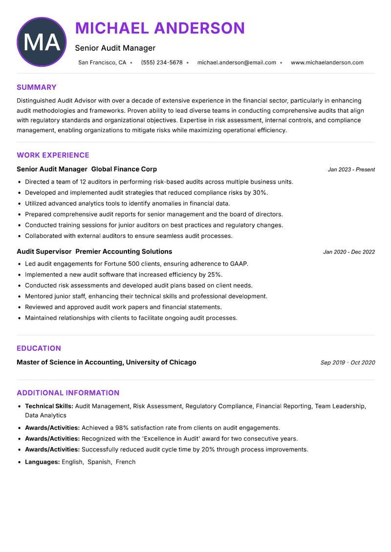Audit Advisor resume example — ATS-friendly template