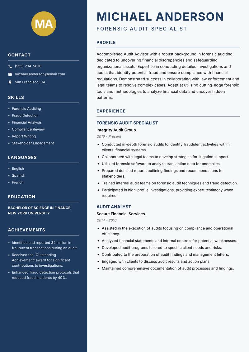 Audit Advisor resume template — Classic Clean