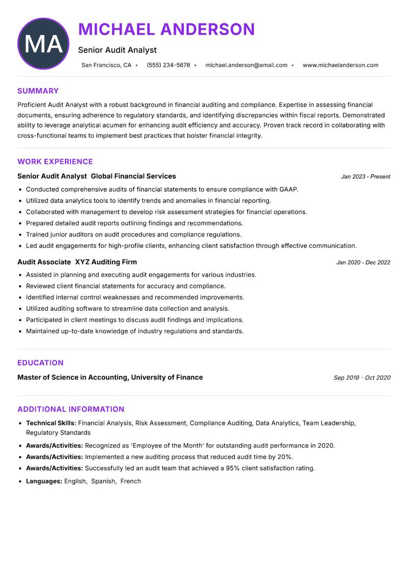 Audit Analyst resume example — ATS-friendly template