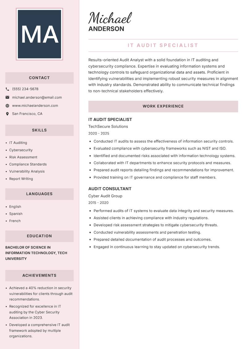 Audit Analyst resume template — Executive