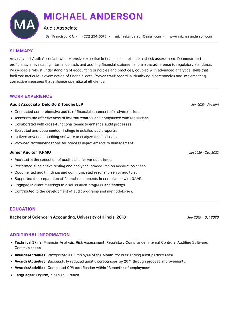 Audit Associate resume example — ATS-friendly template