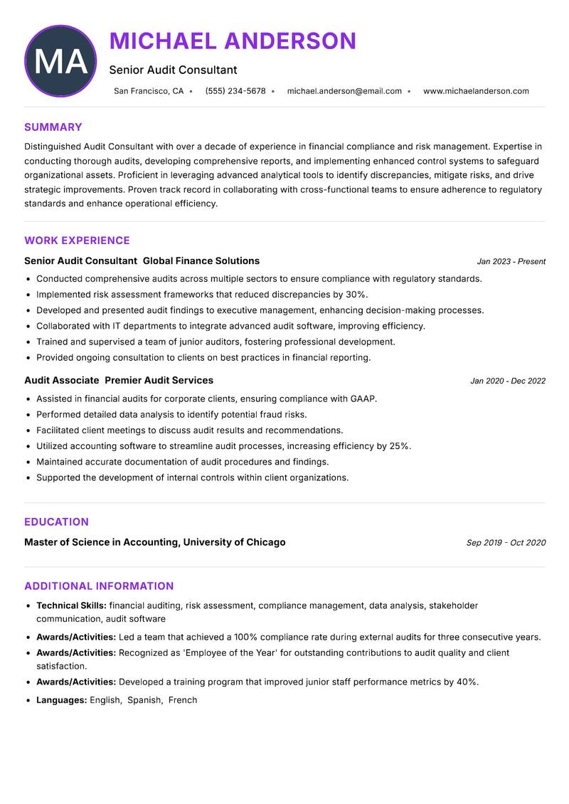 Audit Consultant resume example — ATS-friendly template