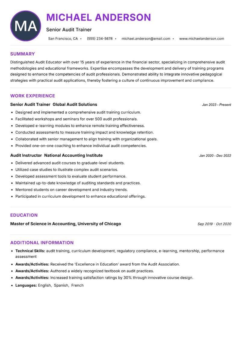 Audit Educator resume example — ATS-friendly template