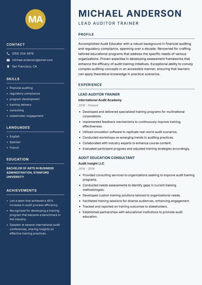 Audit Educator resume template — Classic Clean