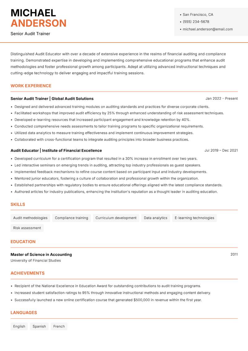 Audit Educator resume template — Modern Professional