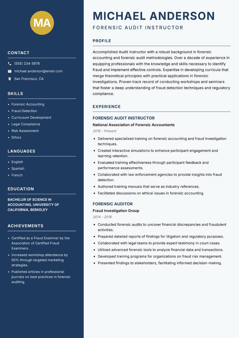 Audit Instructor resume template — Classic Clean