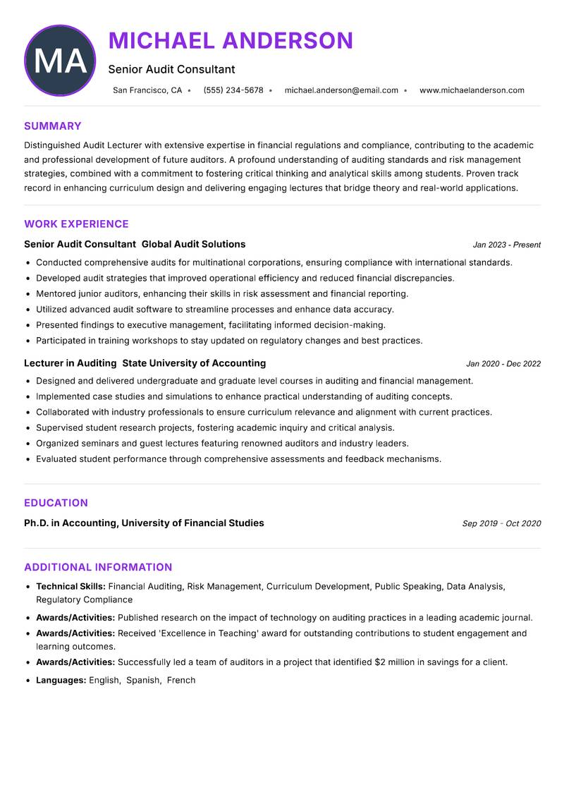 Audit Lecturer resume example — ATS-friendly template