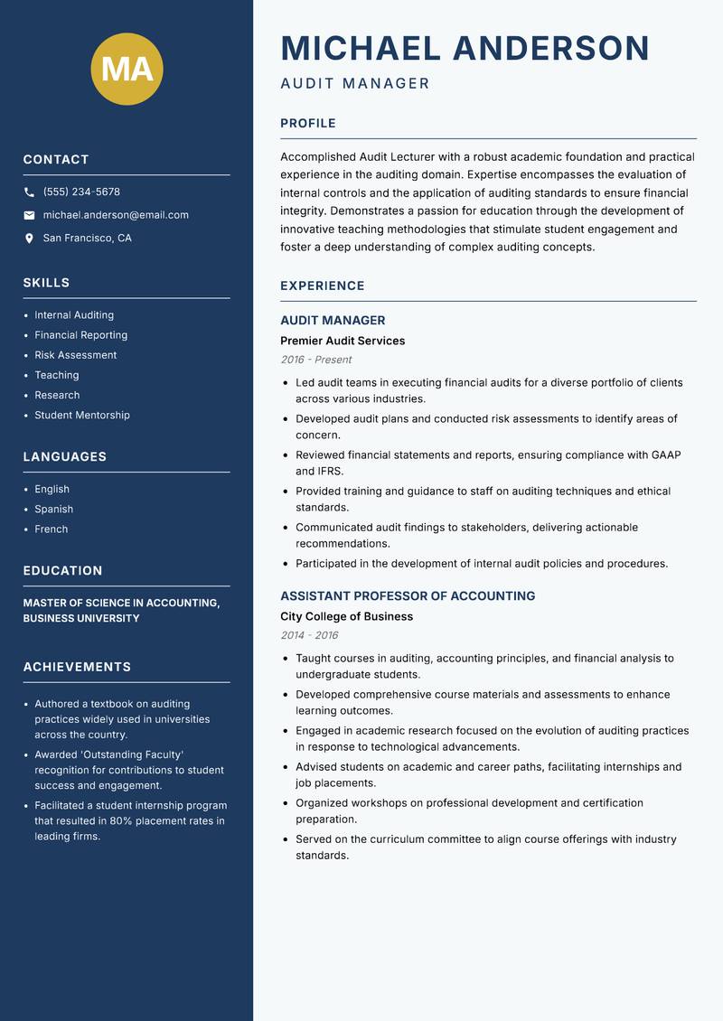 Audit Lecturer resume template — Classic Clean