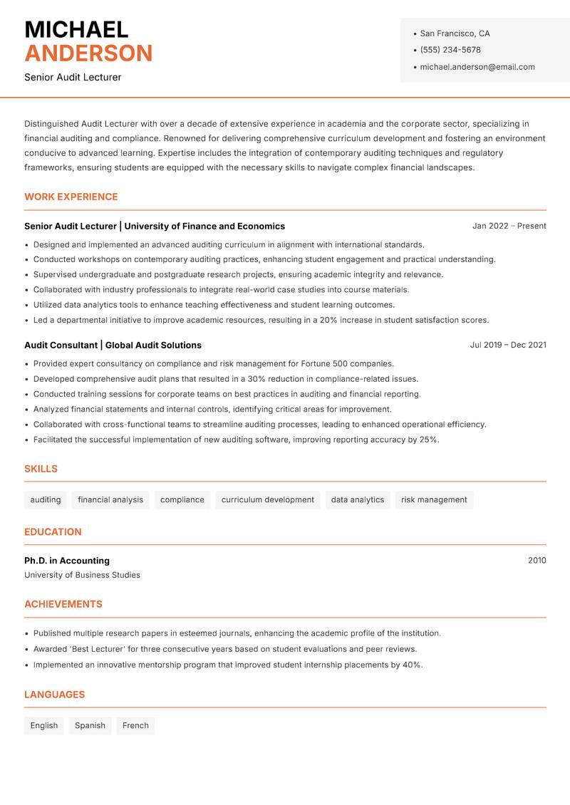 Audit Lecturer resume template — Modern Professional
