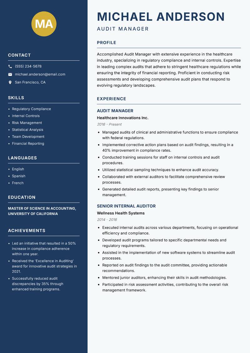 Audit Manager resume template — Classic Clean