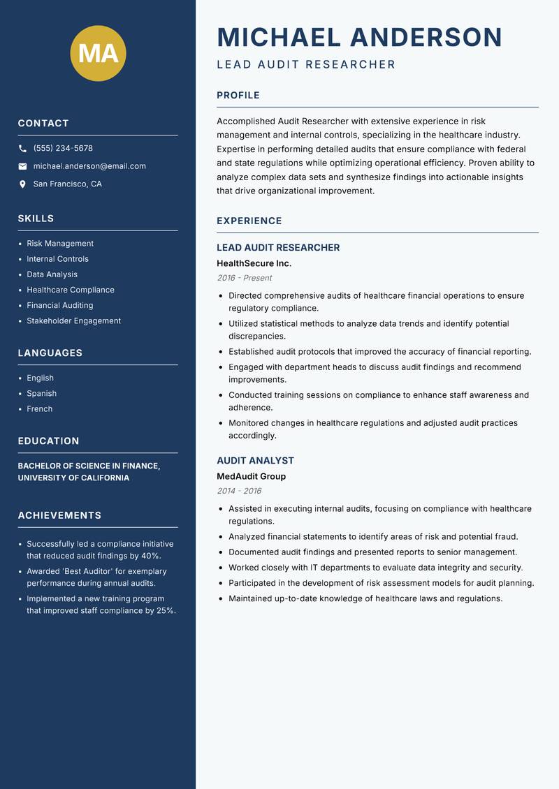 Audit Researcher resume template — Classic Clean
