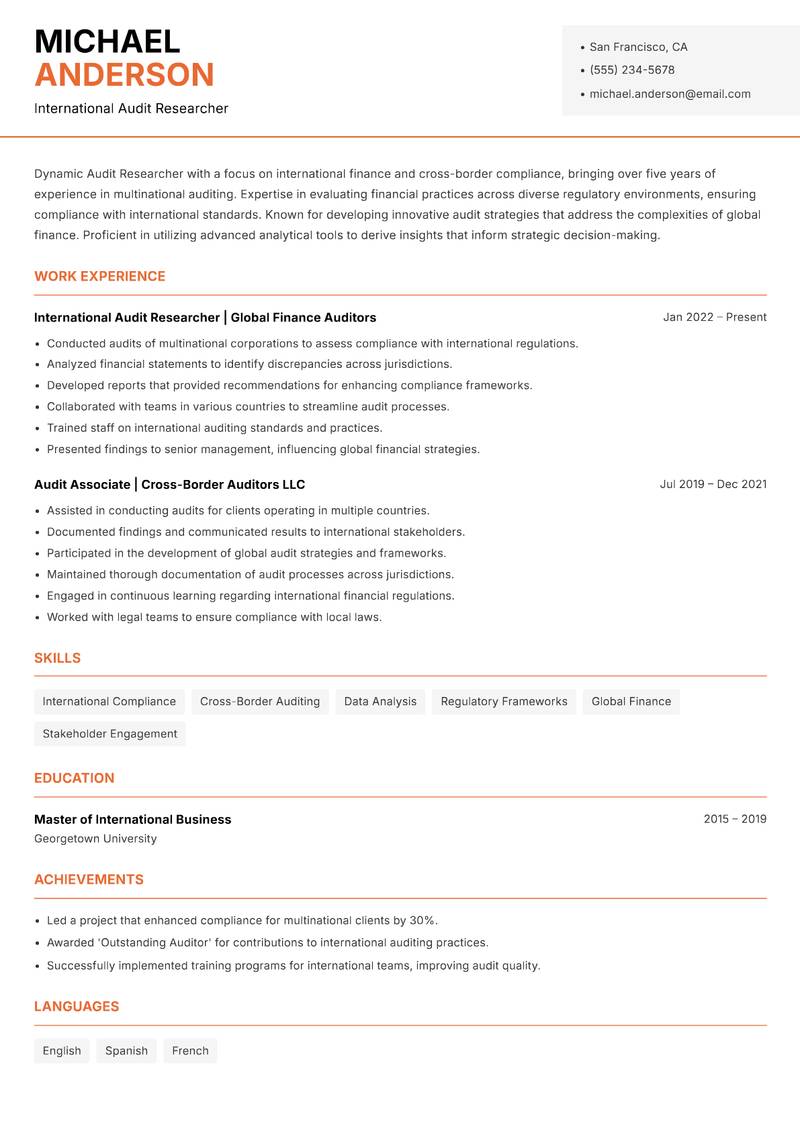 Audit Researcher resume template — Modern Professional