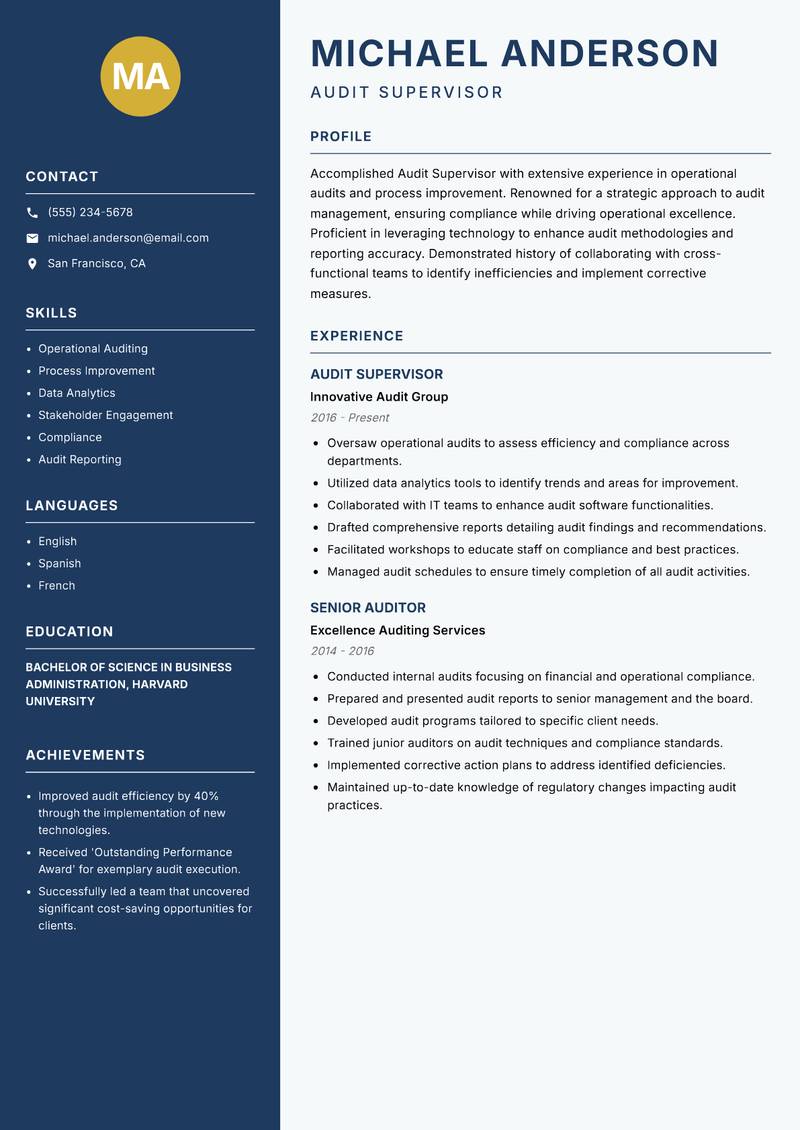 Audit Supervisor resume template — Classic Clean
