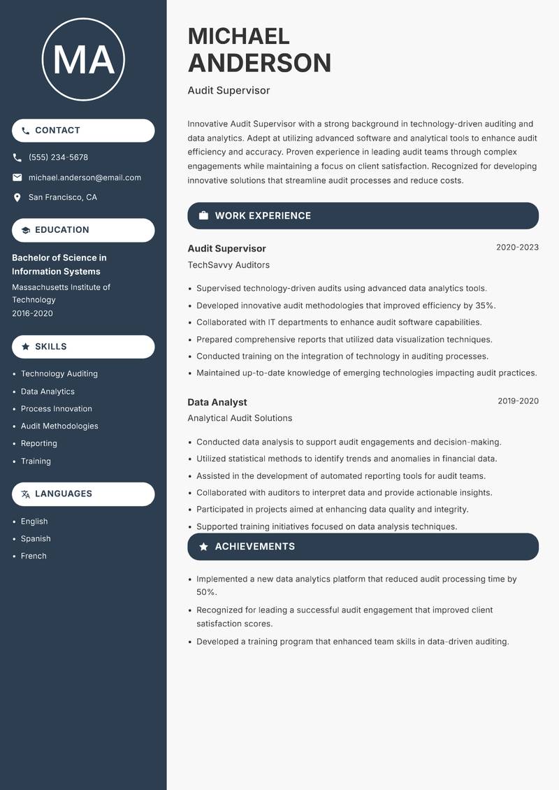 Audit Supervisor resume template — Compact
