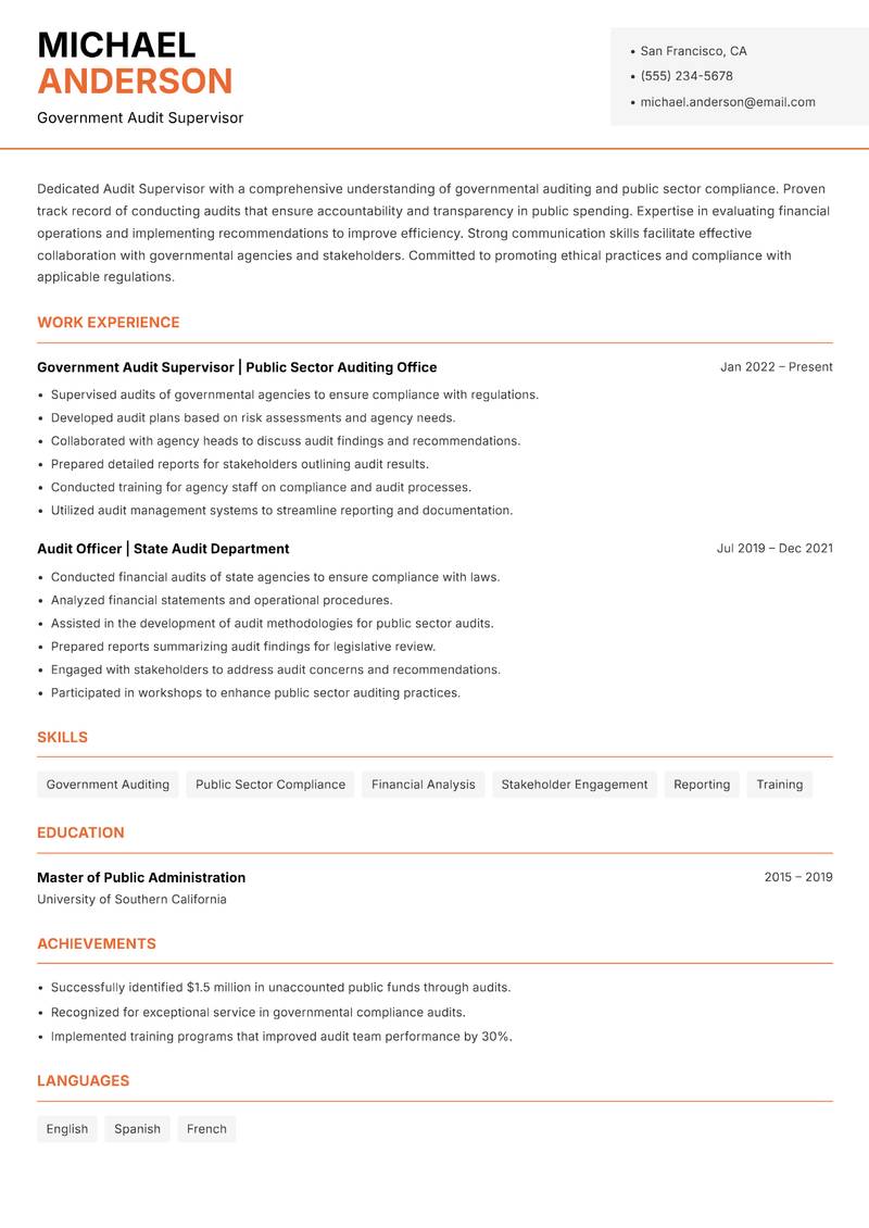 Audit Supervisor resume template — Modern Professional