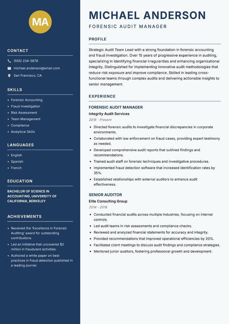 Audit Team Lead resume template — Classic Clean