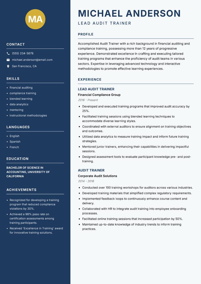 Audit Trainer resume template — Classic Clean