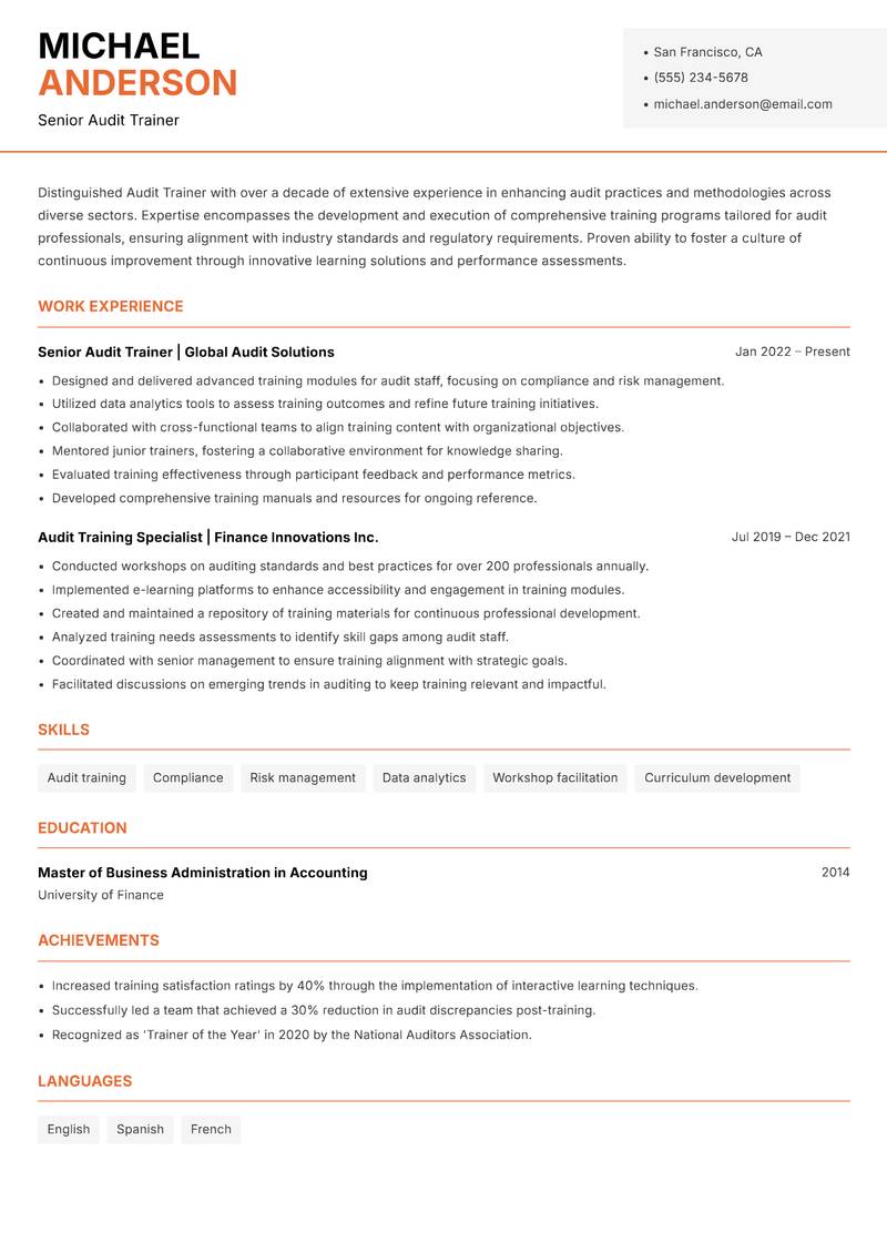 Audit Trainer resume template — Modern Professional