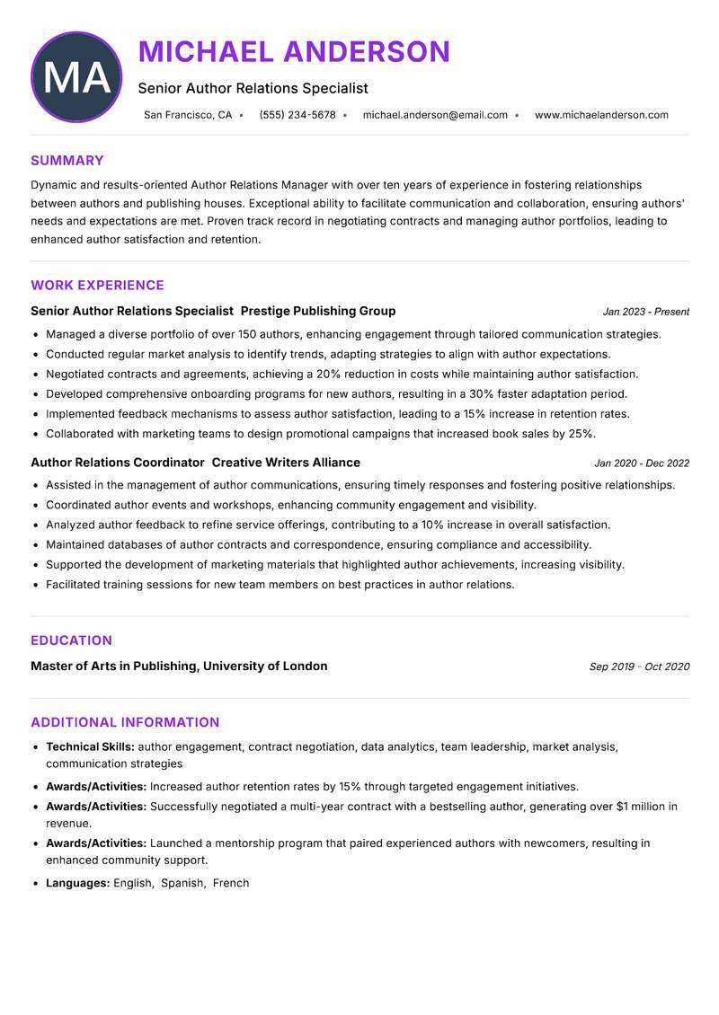 Author Relations Manager resume example — ATS-friendly template