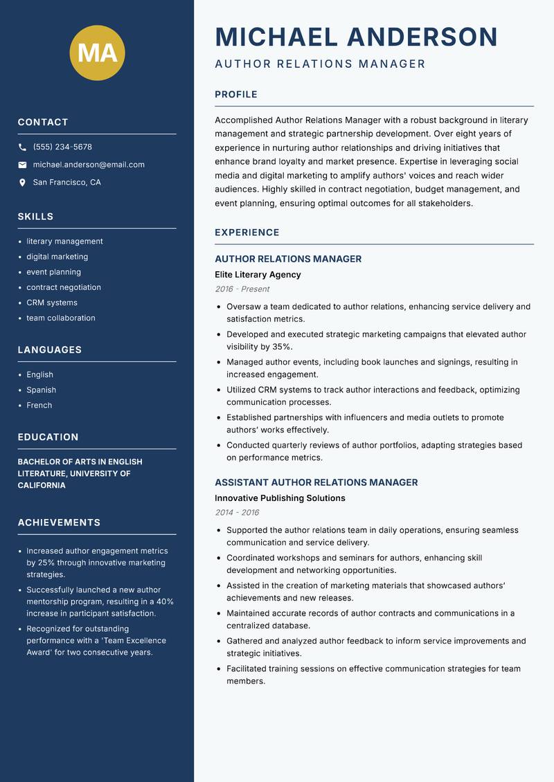 Author Relations Manager resume template — Classic Clean