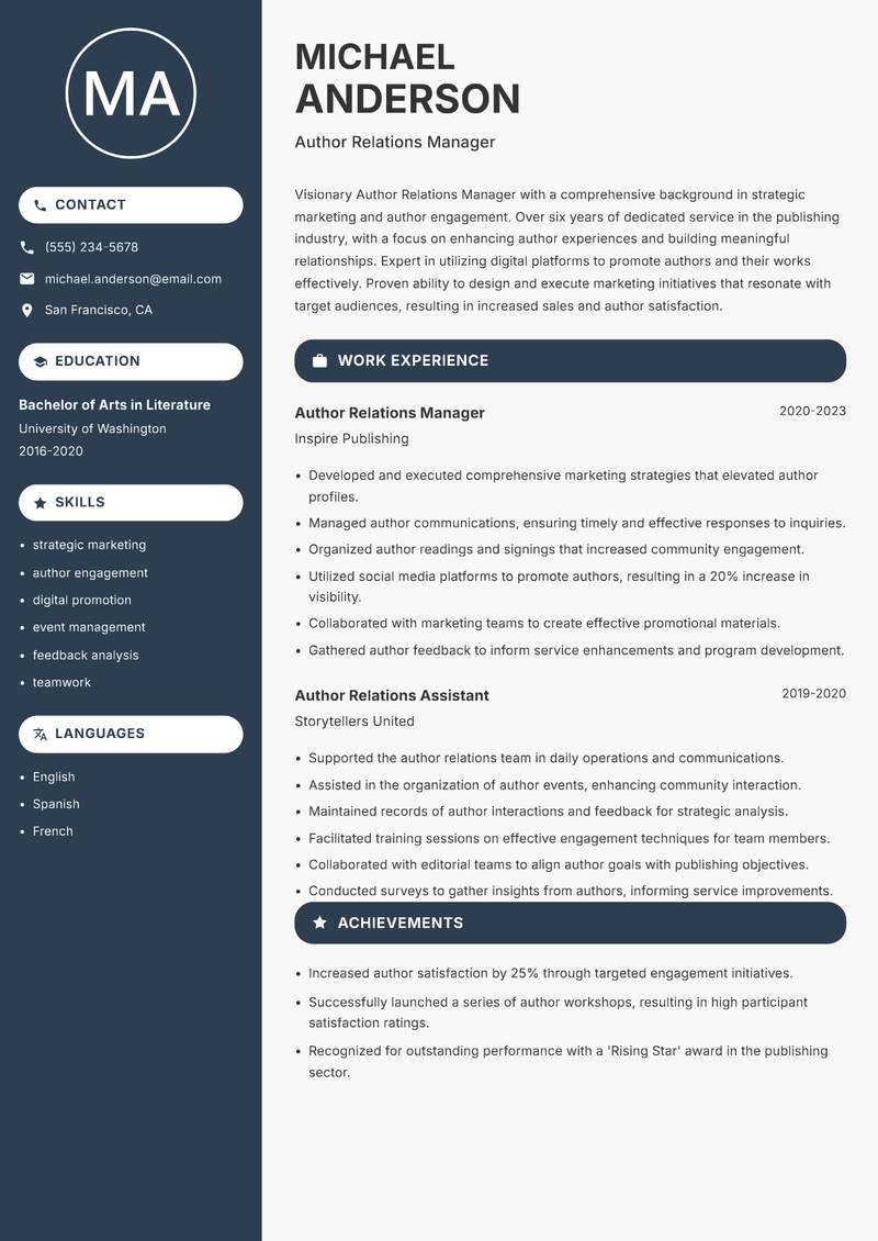 Author Relations Manager resume template — Compact