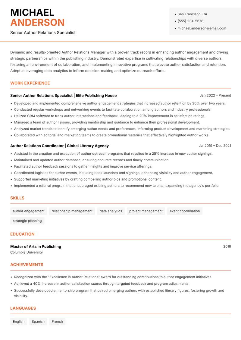 Author Relations Manager resume template — Modern Professional