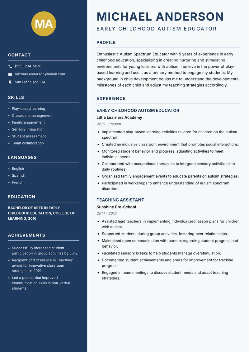 Autism Spectrum Educator resume template — Classic Clean