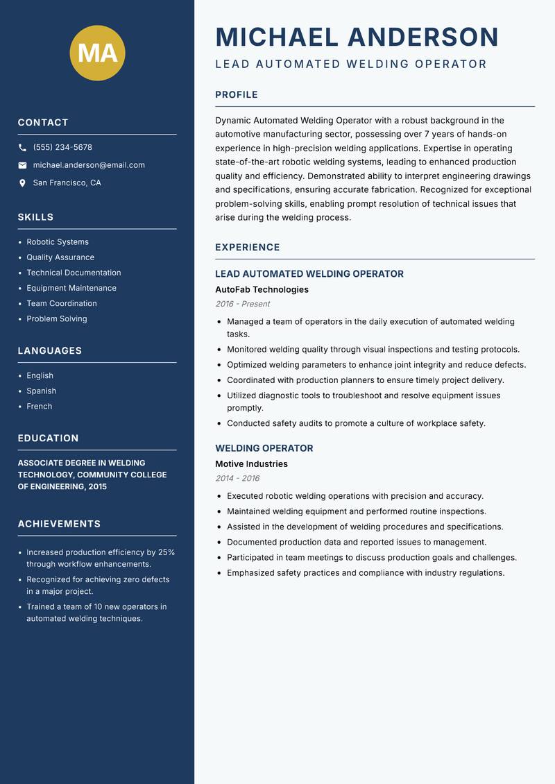 Automated Welding Operator resume template — Classic Clean