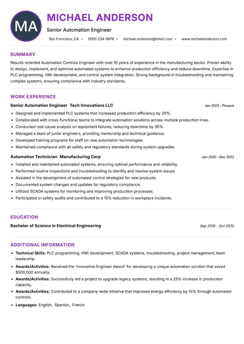 Automation Controls Engineer resume example — Robotics & Automation