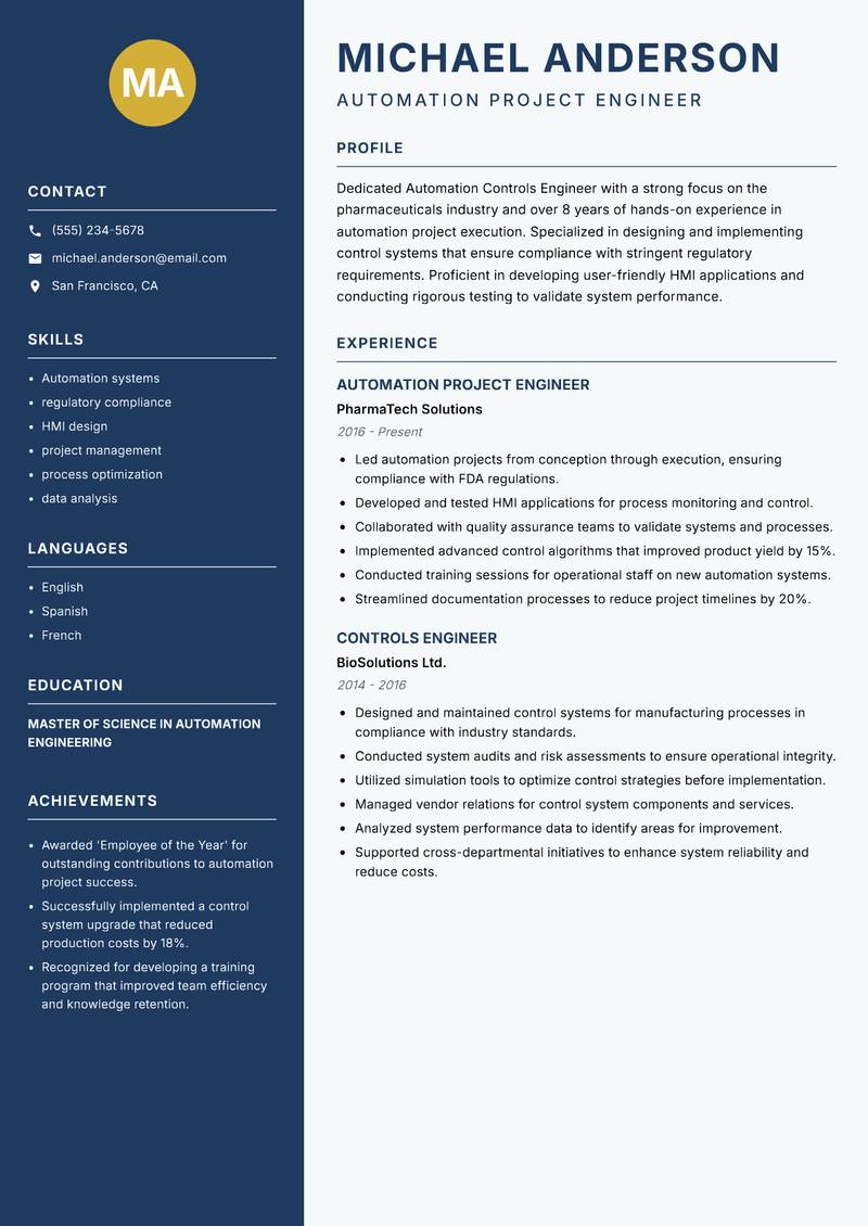 Automation Controls Engineer resume template — Classic Clean