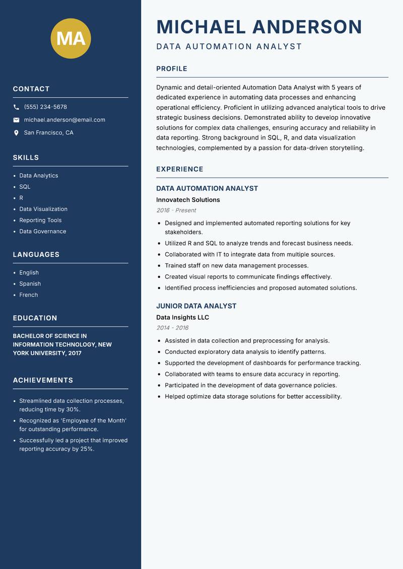 Automation Data Analyst resume template — Classic Clean