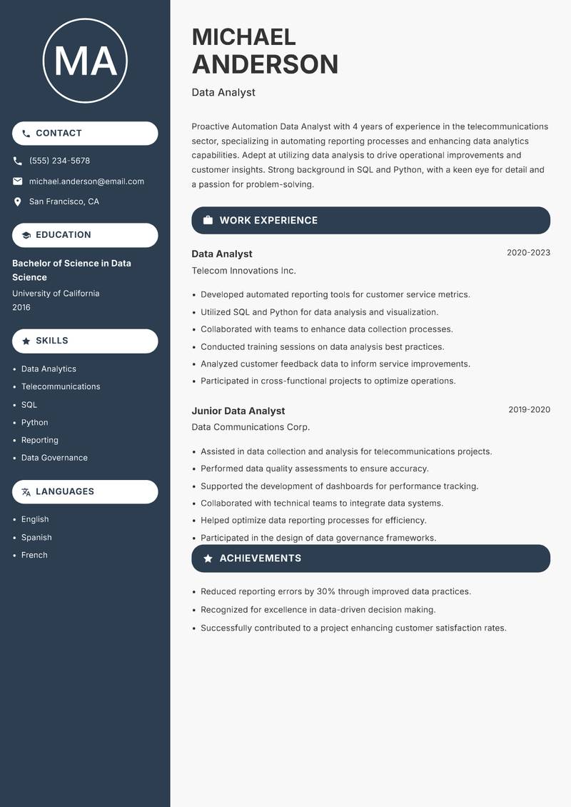 Automation Data Analyst resume template — Compact