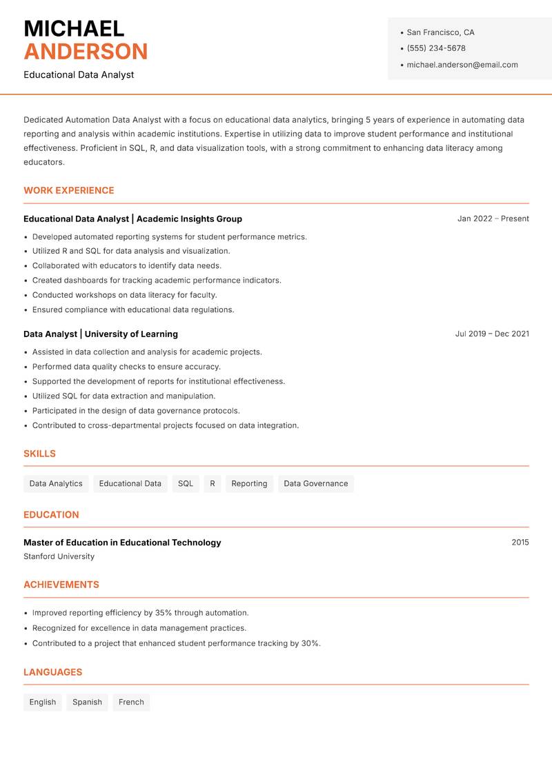Automation Data Analyst resume template — Modern Professional