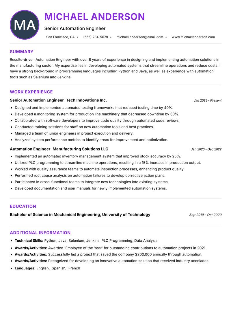Automation Engineer resume example — Electrical Engineering
