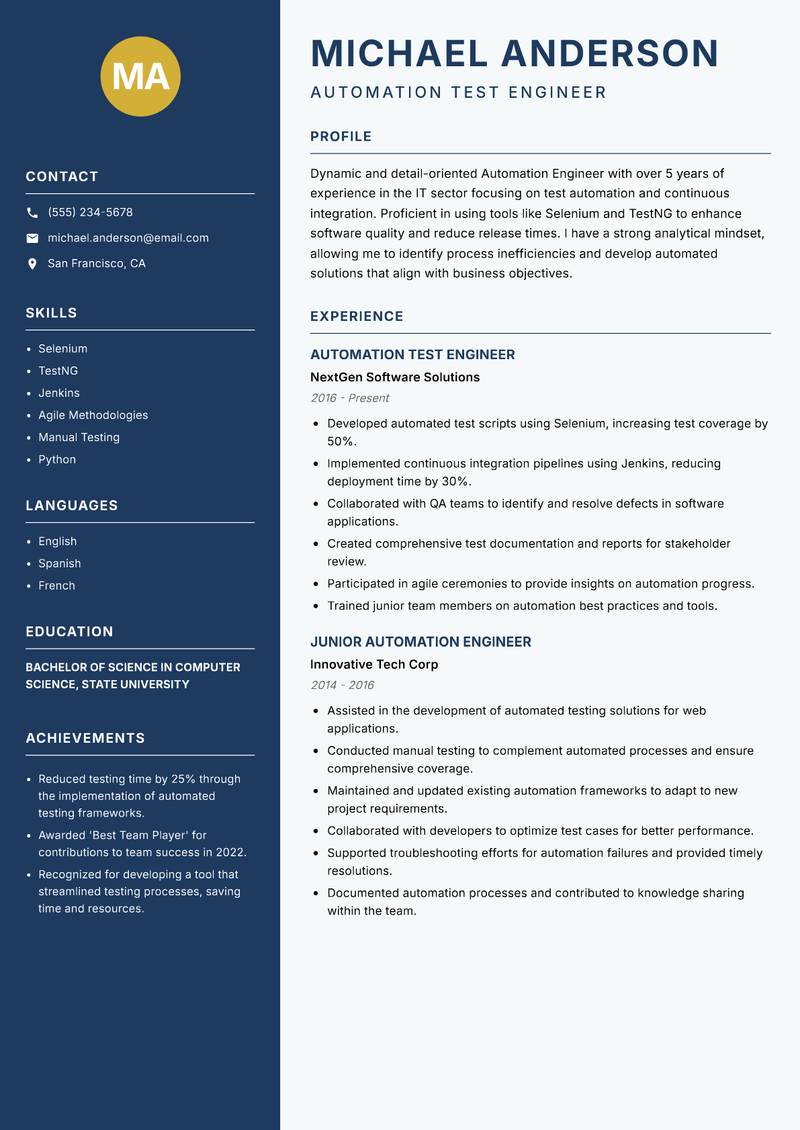 Automation Engineer resume template — Classic Clean