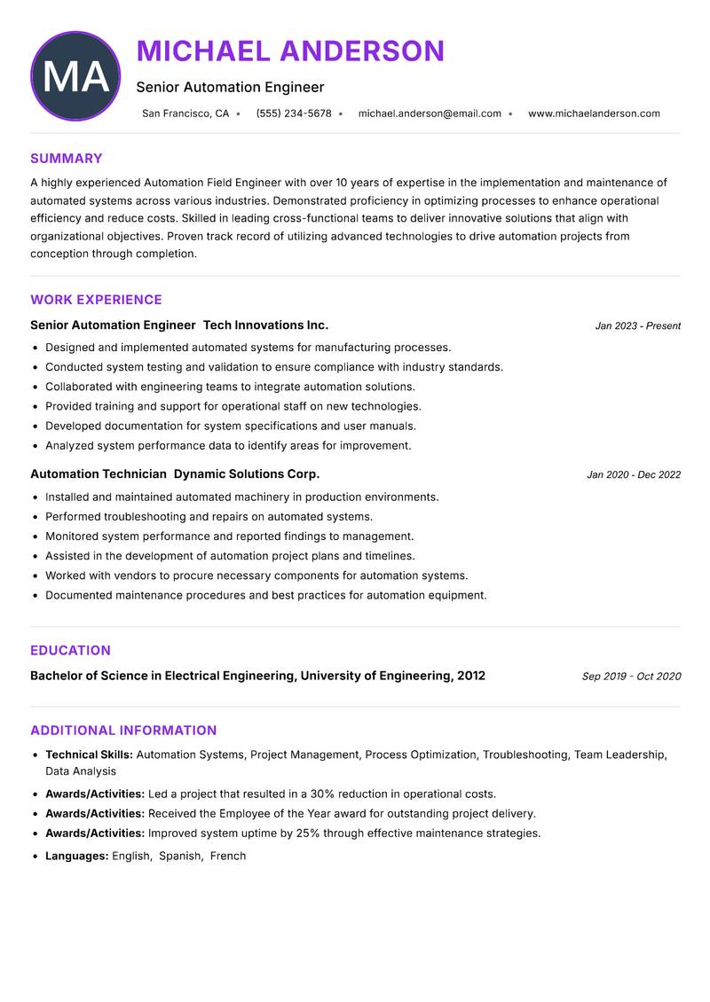 Automation Field Engineer resume example — ATS-friendly template