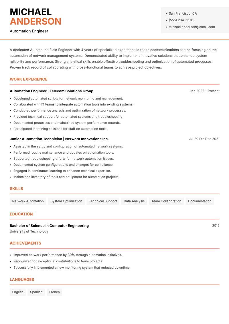 Automation Field Engineer resume template — Modern Professional