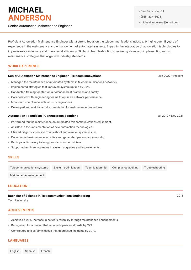 Automation Maintenance Engineer resume template — Modern Professional