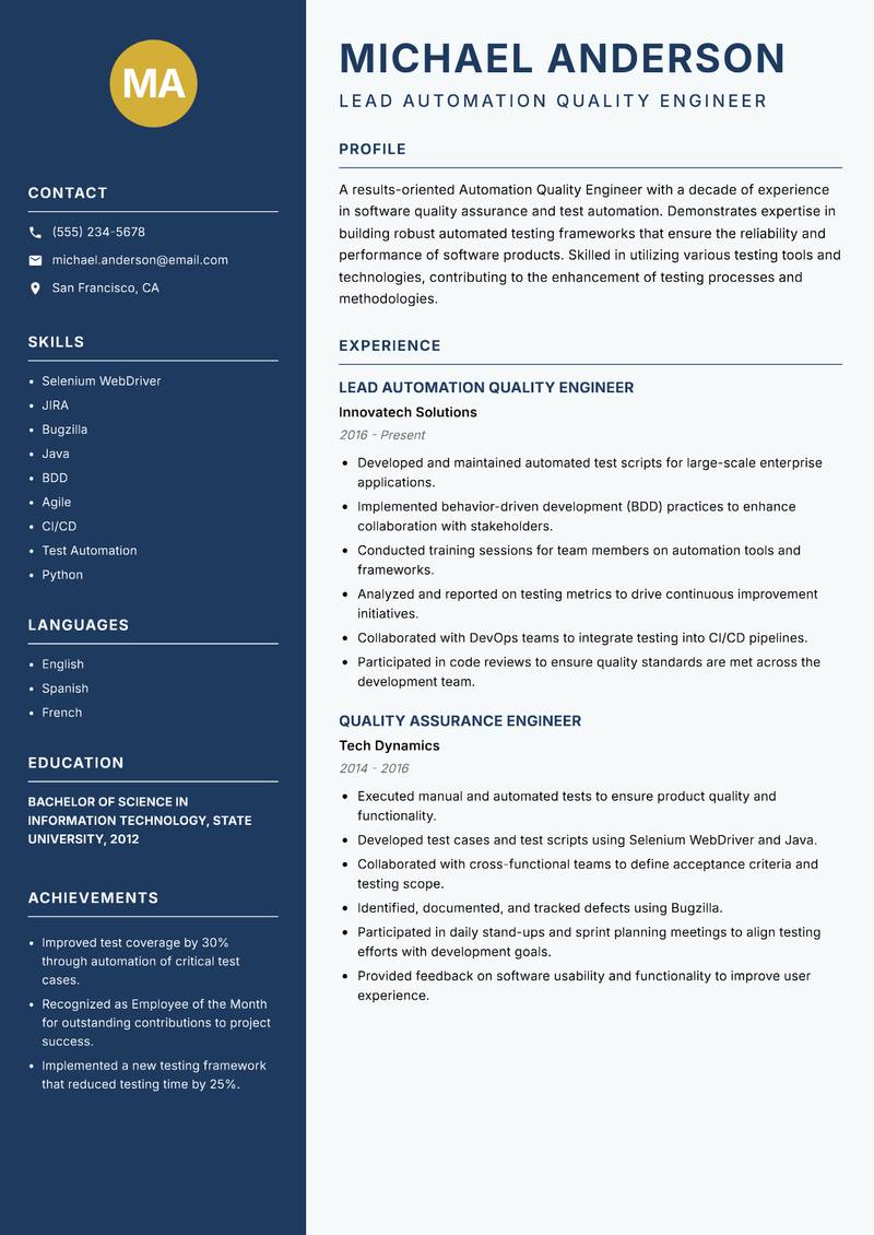 Automation Quality Engineer resume template — Classic Clean