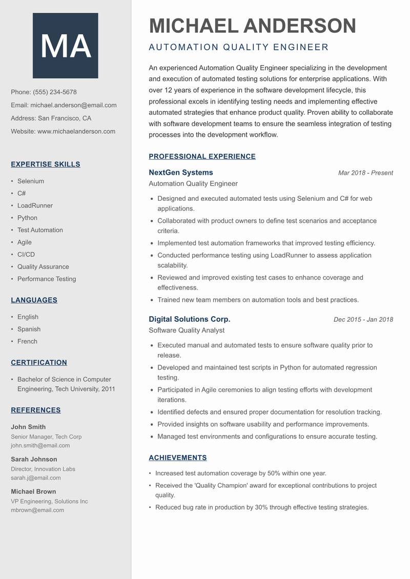 Automation Quality Engineer resume template — Creative Minimal