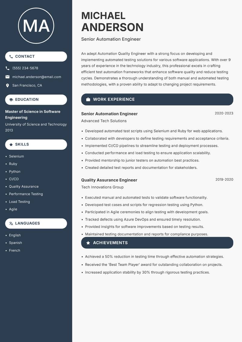 Automation Quality Engineer resume template — Compact