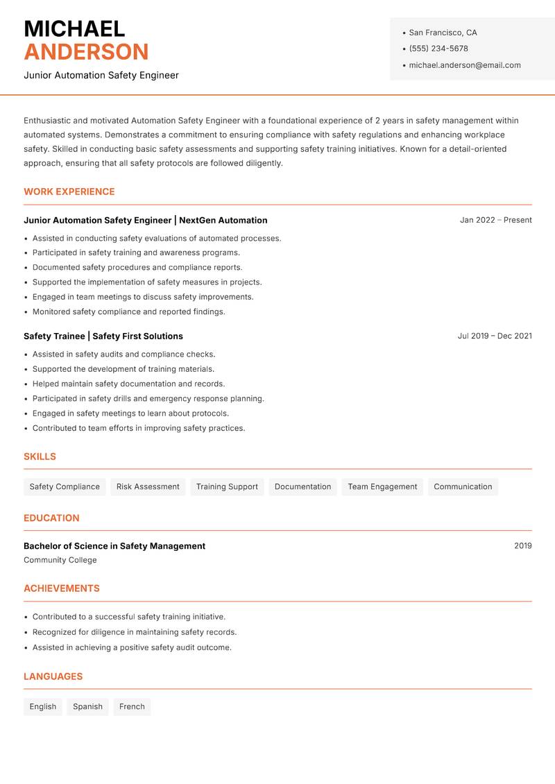Automation Safety Engineer resume template — Modern Professional