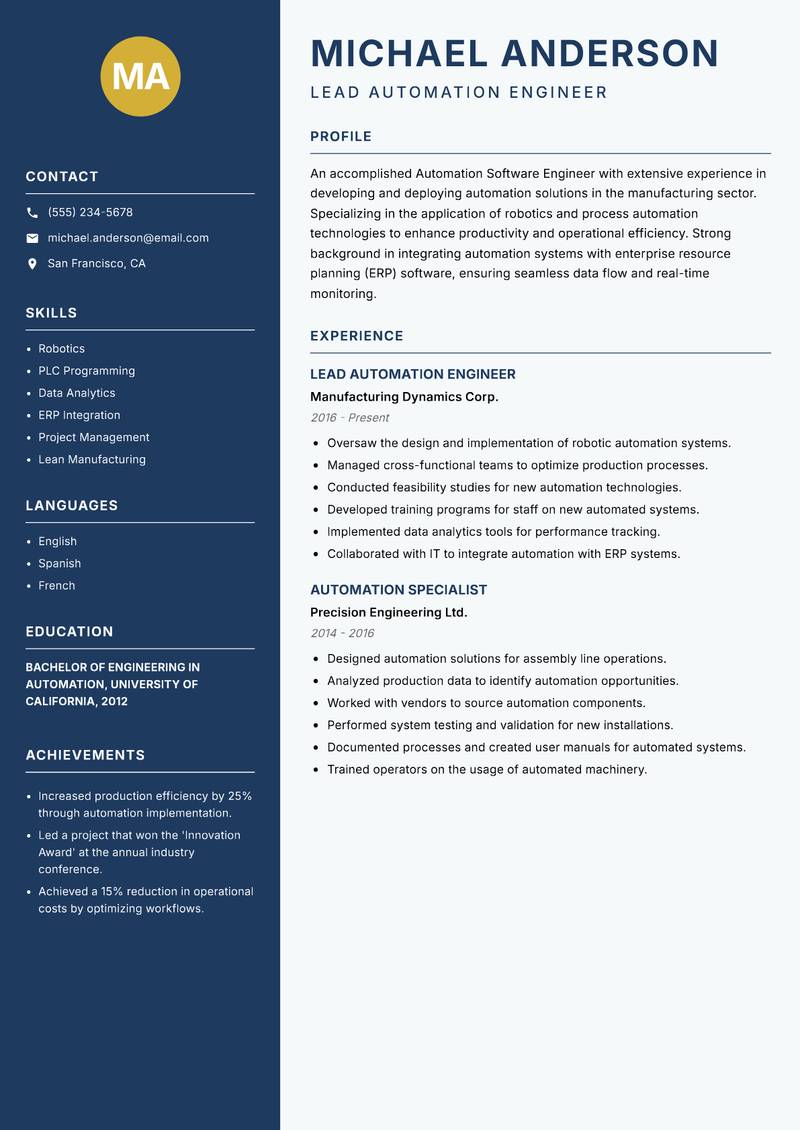 Automation Software Engineer resume template — Classic Clean