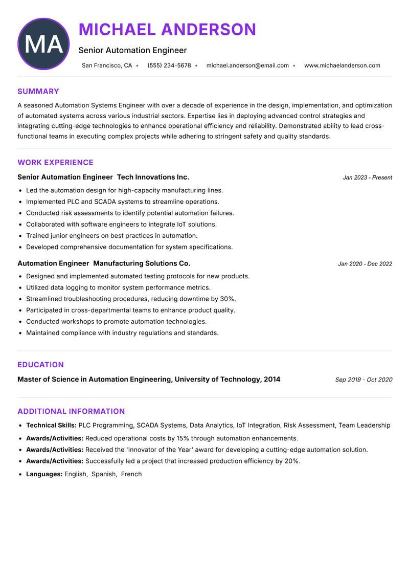 Automation Systems Engineer resume example — ATS-friendly template