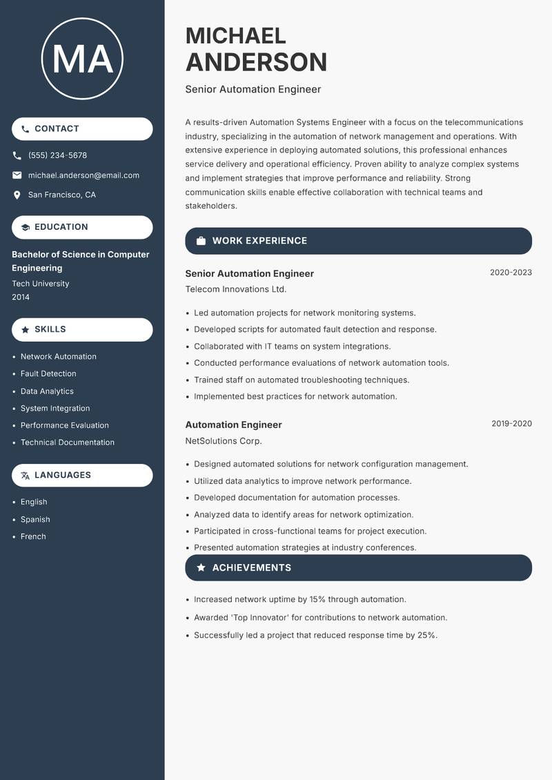Automation Systems Engineer resume template — Compact
