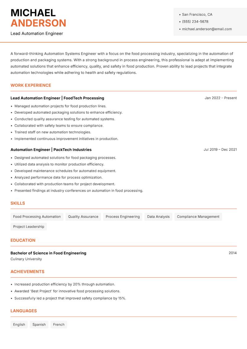 Automation Systems Engineer resume template — Modern Professional
